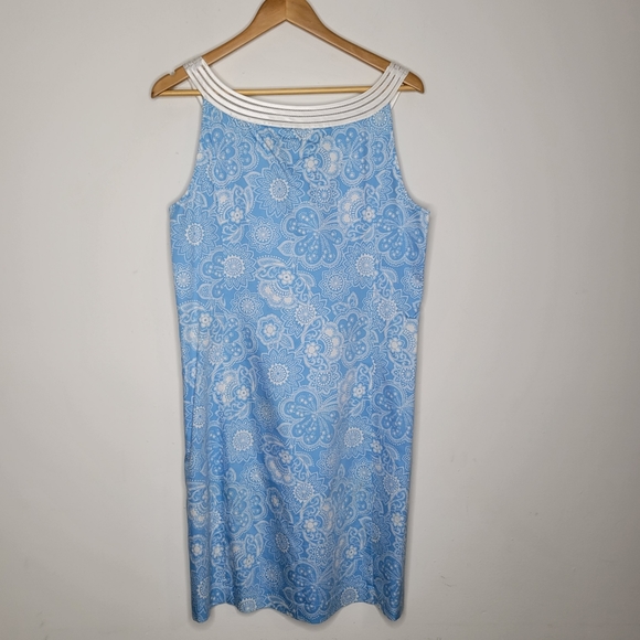 LOFT Blue & White Floral Lace Trim Sleeveless Shift Dress Size 12 - Picture 5 of 12